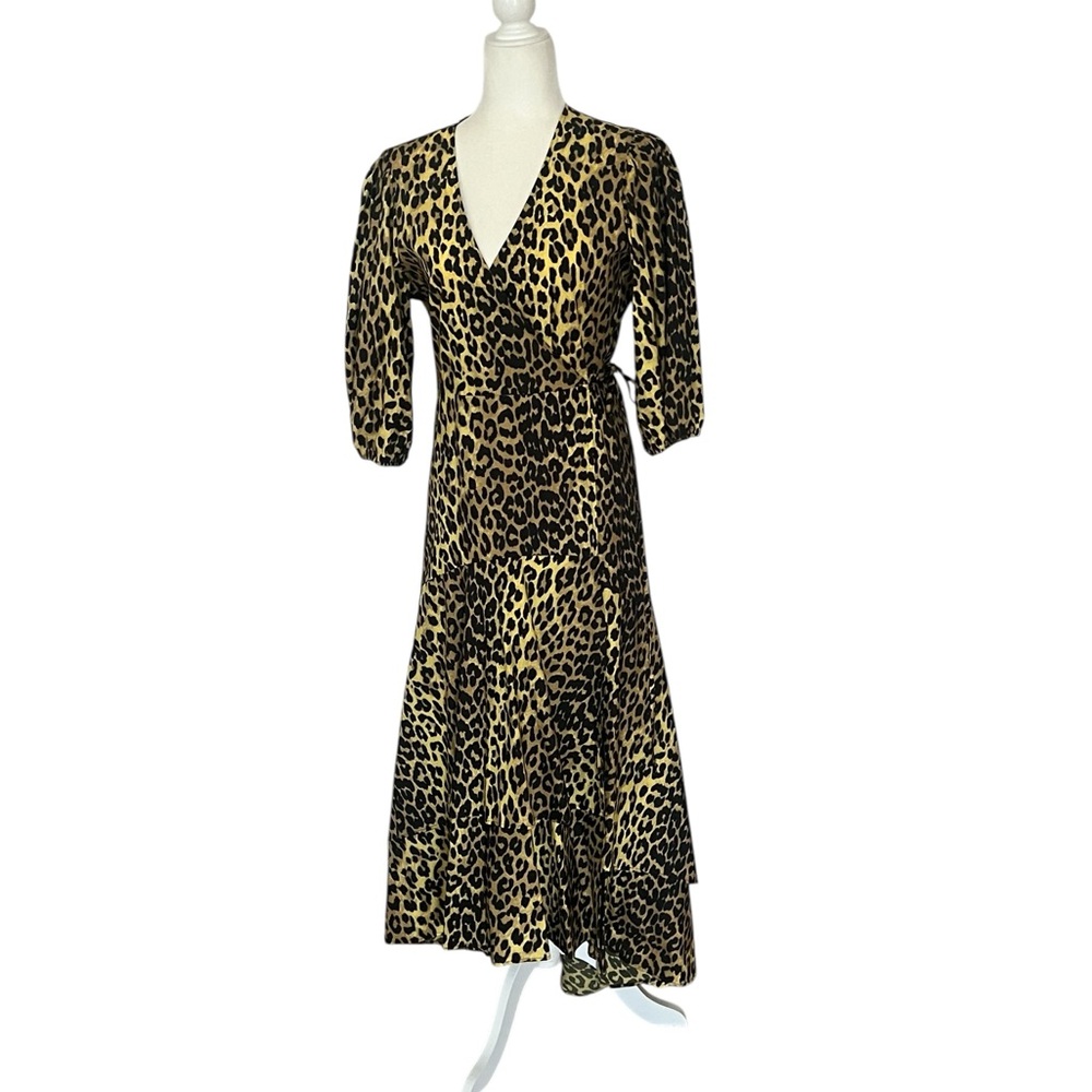 Ganni Leopard Print Wrap High-Low Dress in Yellow and Black